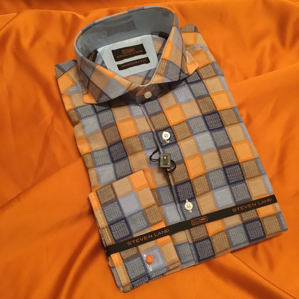 STEVEN LAND SHIRT ORANGE/BLUE BLOCK PATTERN